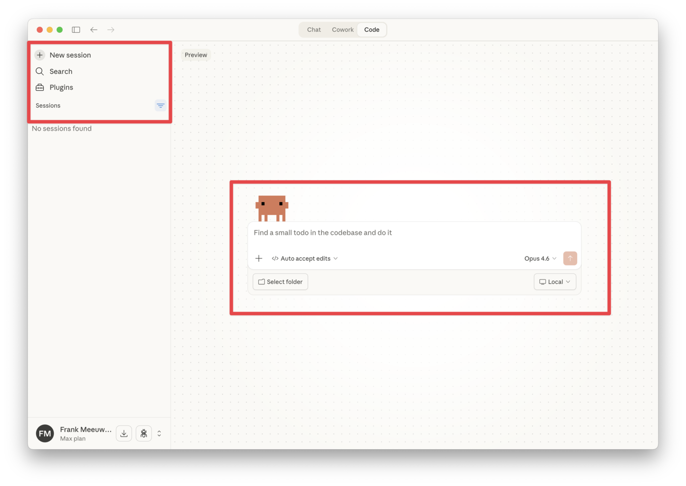 Claude Code hoofdscherm met chat interface en overzicht